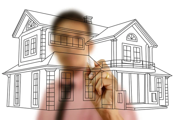 Asiatische business lady schieben Haus plan auf dem weißen Brett. — Stockfoto