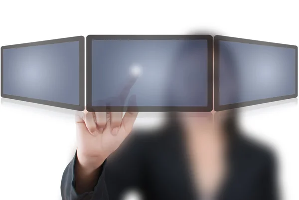 Iş kadını tablet ekran arayüzü simgesi itmek — Stok fotoğraf