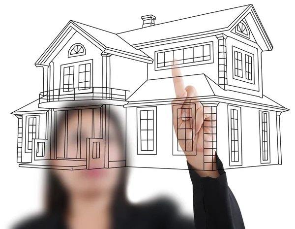 Asiatiska affärer lady trycka hus plan på Whiteboard — Stockfoto