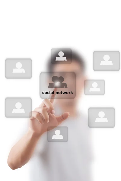 Azjatycki biznesmen pchania sieci społecznej — Zdjęcie stockowe
