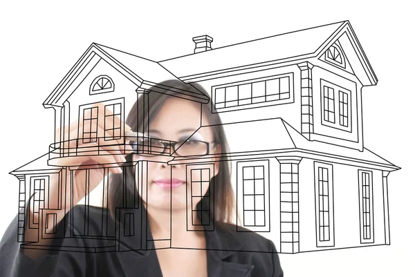 Asian business lady writing home plan — Stock Photo, Image