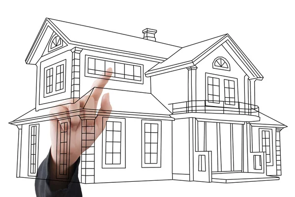 Zakelijke hand te drukken plan van het huis op het whiteboard — Stockfoto
