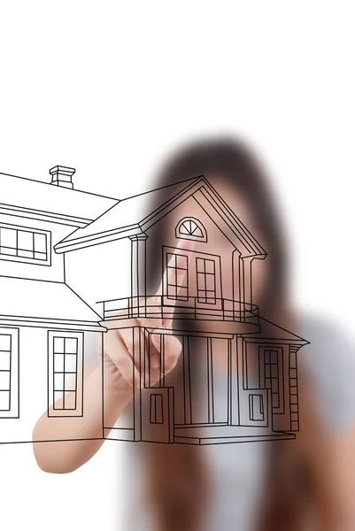 Asiatische business lady schieben Haus plan auf dem weißen Brett — Stockfoto