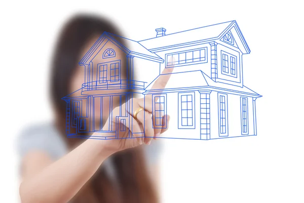 Asiatiska affärer lady trycka hus plan på Whiteboard — Stockfoto