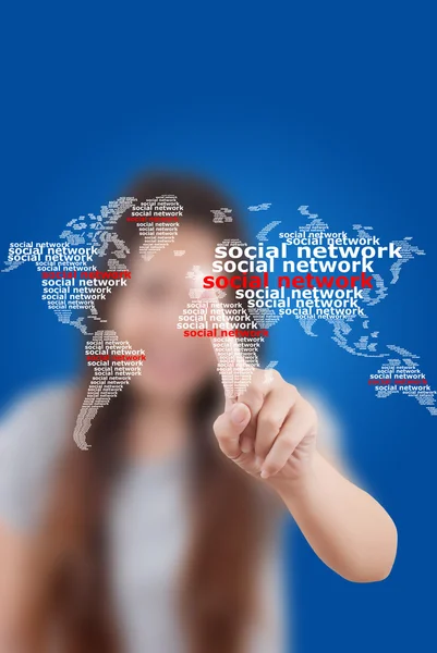 Ásia negócio senhora empurrando social rede — Fotografia de Stock
