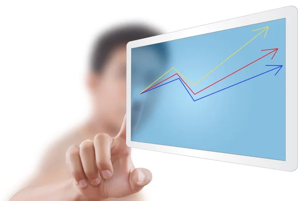 Asiatiska man trycka upp grafen på Tablet PC-skärmen — Stockfoto