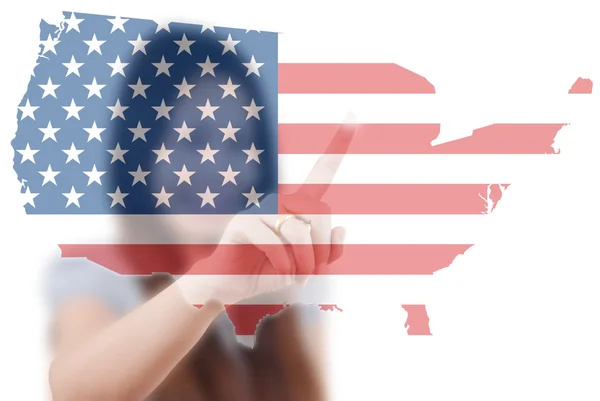 Asiatische Geschäftsfrau schiebt US-Flagge Karte. Stockfoto