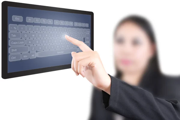 Business lady pressing transparent keyboard. Stock Photo