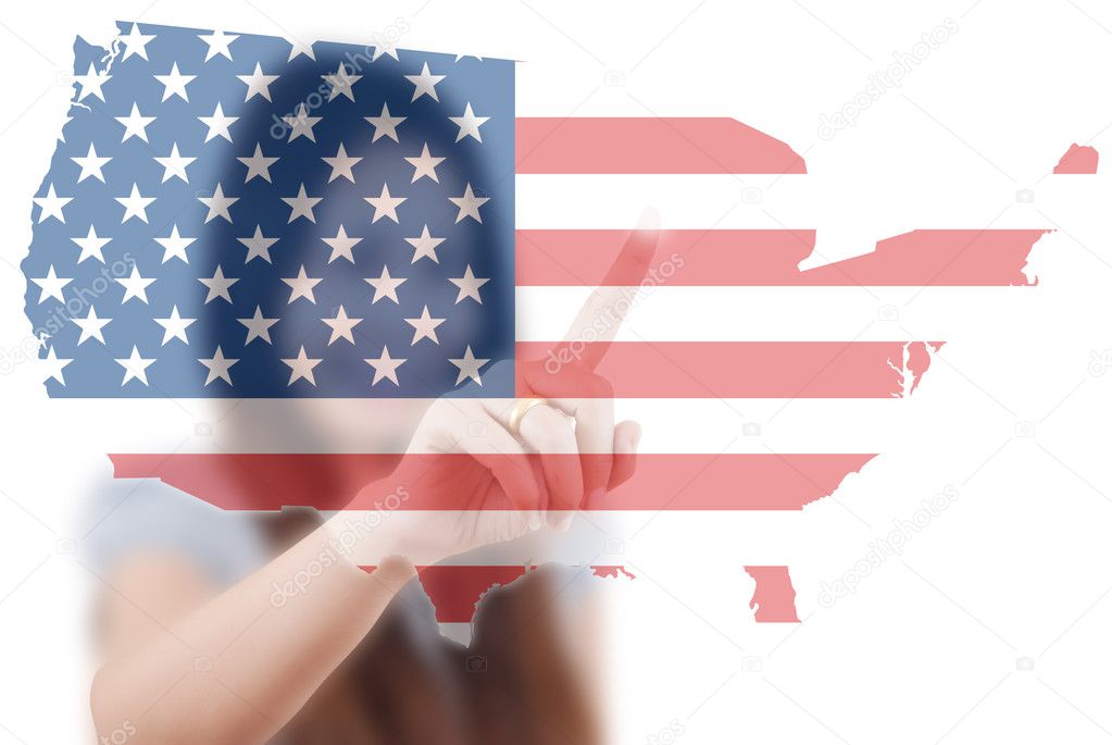 Asian business lady pushing USA flag map.