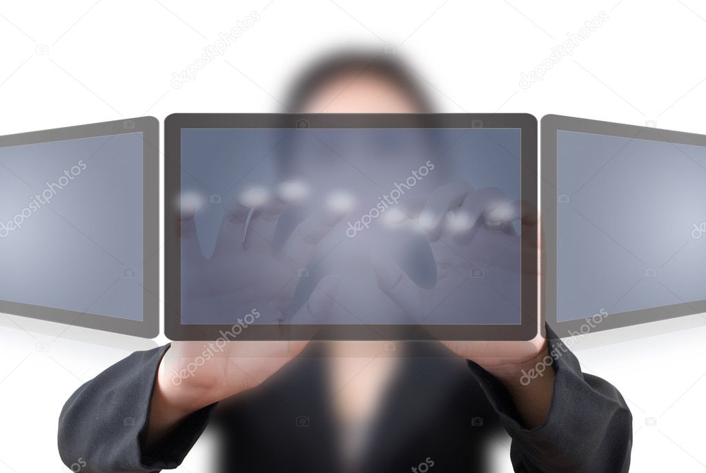 Business woman pushing icon on the tablet screen interface