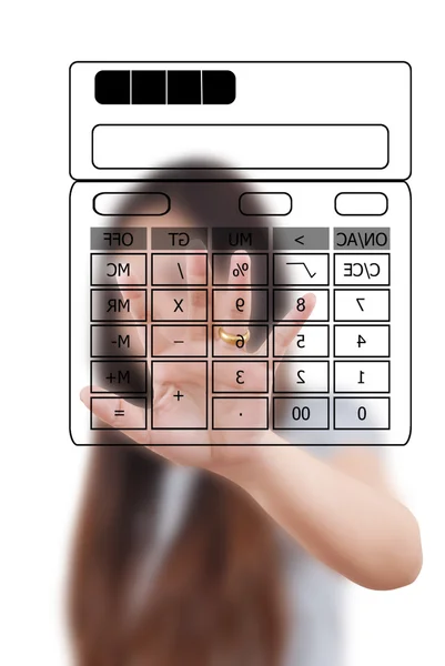 Azjatycki biznes dama pchanie kalkulator w zarządzie biały — Zdjęcie stockowe