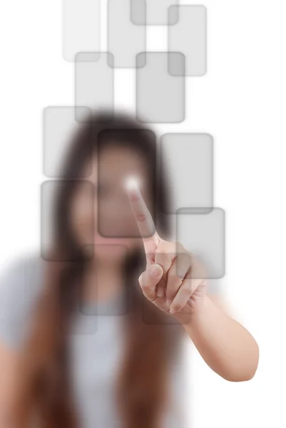 Mulher asiática empurrando botão digital no quadro branco — Fotografia de Stock