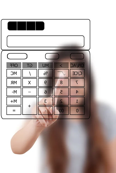 Asiático negocio señora empujando calculadora en el blanco tablero — Foto de Stock