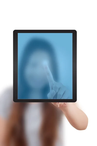 Obchodní lady kláves na obrazovce tabletu — Stock fotografie