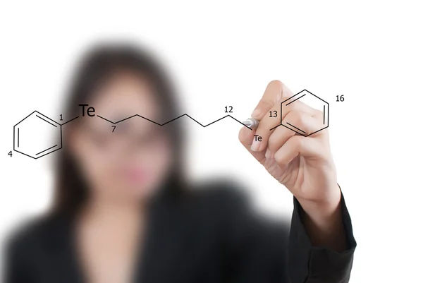 Asian business lady writing scientific formula on the whiteboard — Stock Photo, Image