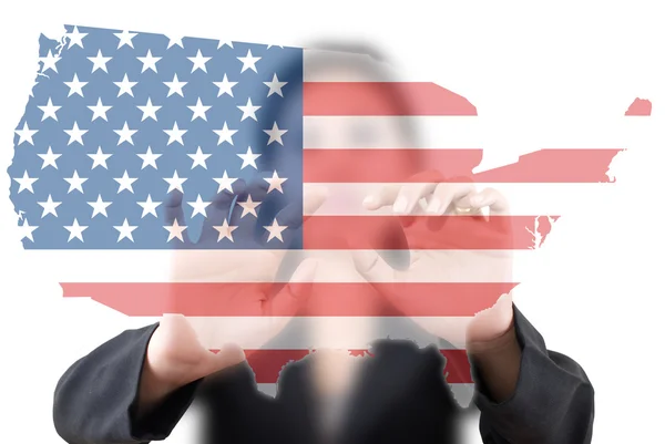 Asiatische Geschäftsfrau schiebt US-Flagge Karte — Stockfoto