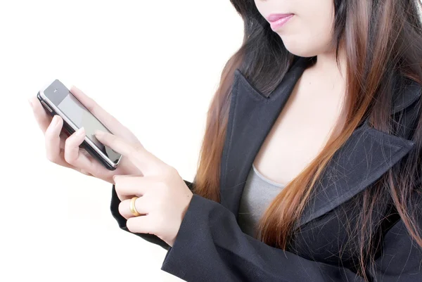 Asian business lady pushing mobile phone for communication — Stock Photo, Image