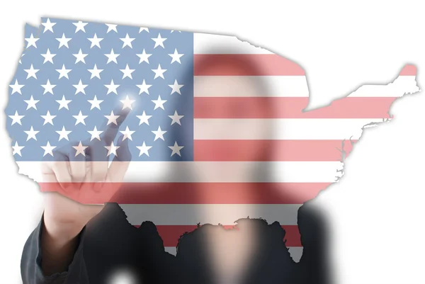Asiatico business signora spingendo USA bandiera mappa — Foto Stock