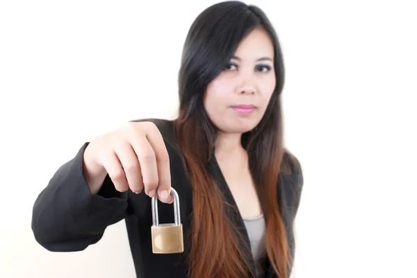 Business hand putting key lock isolated on the white background — Stock Photo, Image