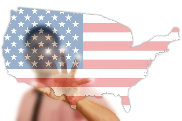 Empresario asiático empujando mapa de la bandera de EE.UU. — Foto de Stock