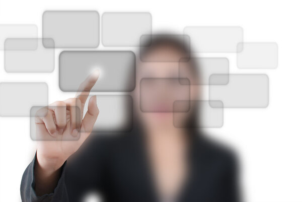 Asian business lady pushing button on the whiteboard