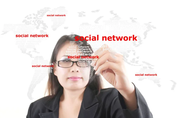 Üzleti lady rámenős szociális hálózati világ Térkép — Stock Fotó