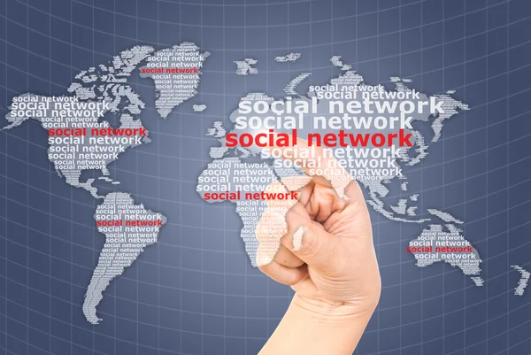 Kézzel nyomja a szociális hálózati világ Térkép — Stock Fotó
