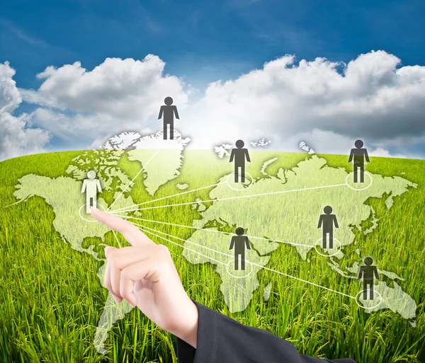 Hand pushing social network communication on the blue sky field — Stock Photo, Image