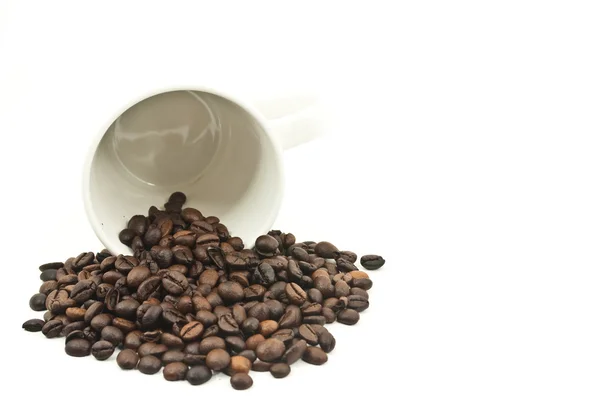 Granos de café y taza de café aislados en el fondo blanco — Foto de Stock