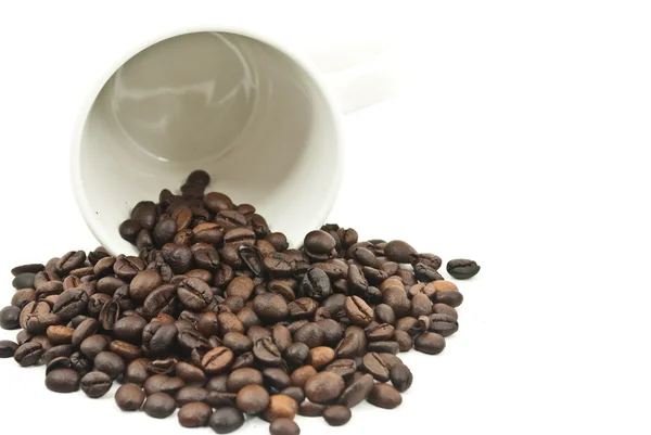 Chicchi di caffè e tazza di caffè isolato sullo sfondo bianco — Foto Stock