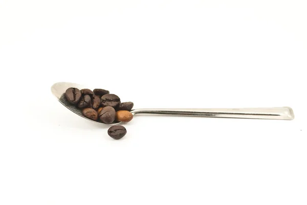 Frische Kaffeebohnen auf dem Löffel isoliert auf dem weißen. — Stockfoto