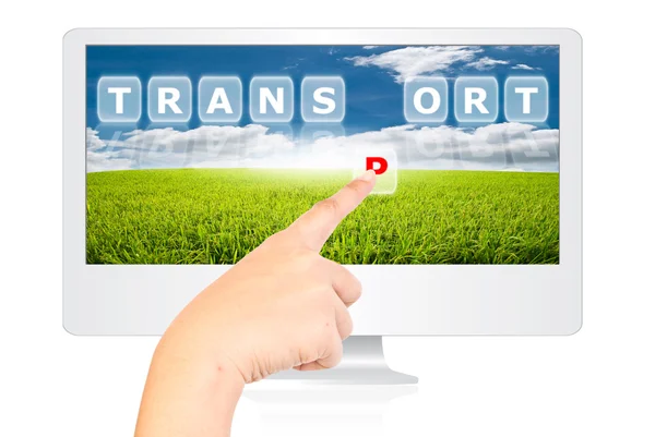 Hand pressing P for transport word on the blue sky in the monitor isolate. — Stock Photo, Image