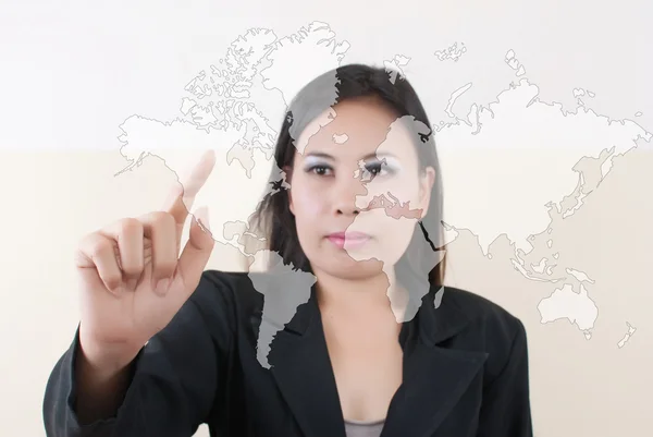 Obchodní lady výkresu mapa světa. — Stock fotografie