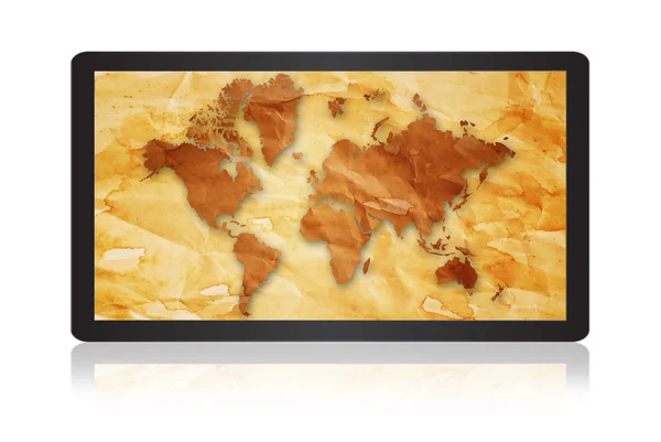 Ordinateur portable isolé sur le blanc avec carte du monde . — Photo