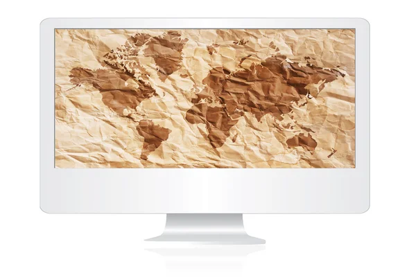Počítačový monitor izolovaných na bílém s mapou světa. — Stock fotografie