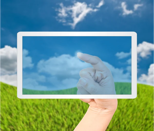 Hand pushing on Tablet Screen. — Stock Photo, Image