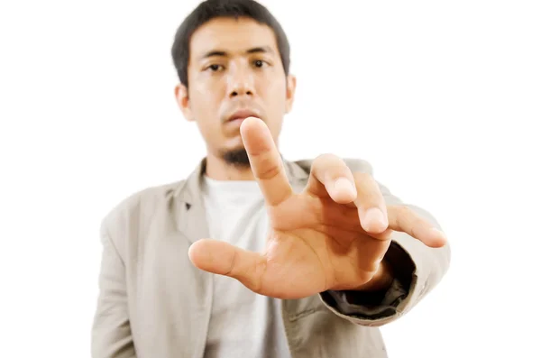Empresário Tocando no quadro branco, foco seletivo no dedo . — Fotografia de Stock