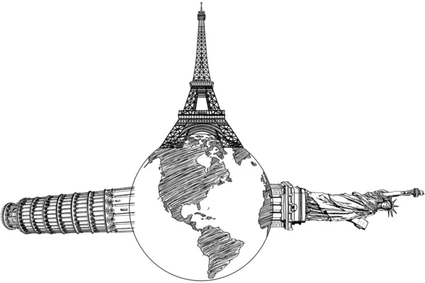 自由、 比萨斜塔、 埃菲尔铁塔为在世界各地旅行的雕像. — 图库照片