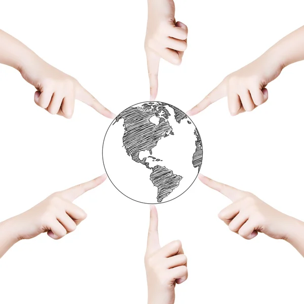 Begreppet hand pekar världen världen fodrar. — Stockfoto