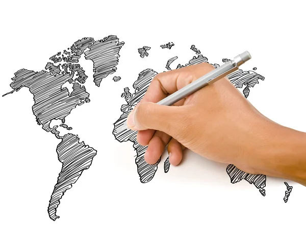 Линия "Рисунок карты мира" на белой доске . — стоковое фото