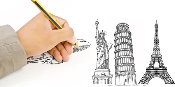 Hand Drawing Statue of Liberty, Pisa Tower, Eiffel Tower — Stock Photo, Image
