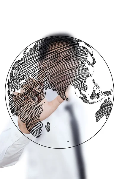 Geschäftsmann zeichnet Weltkarte Globallinie auf Whiteboard. — Stockfoto