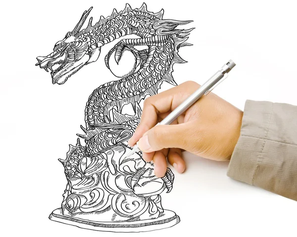 中国風のドラゴン像の線を描画の手します。. — ストック写真