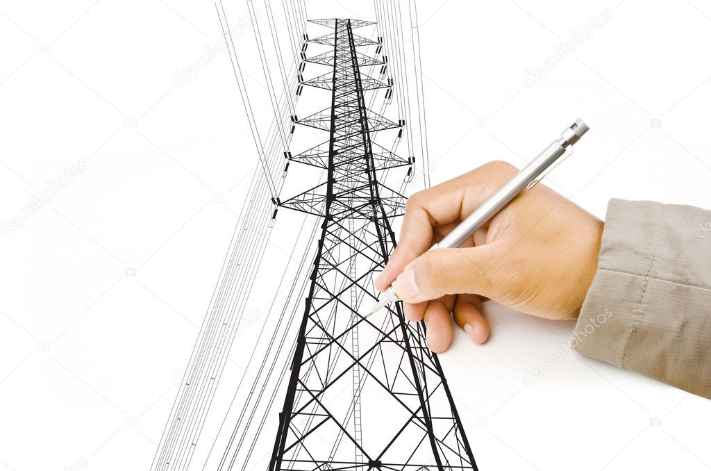 Hand Drawing High voltage power pole line.