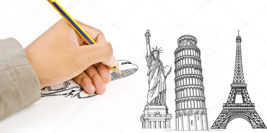 Hand Drawing Statue of Liberty, Pisa Tower, Eiffel Tower