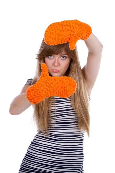 Girl with orange mittens — Stock Photo, Image