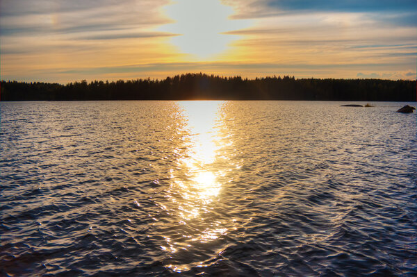 Beautiful sunrise on big lake in finland