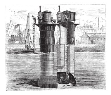 Construction of the pillars of Tay Bridge using compressed air S clipart