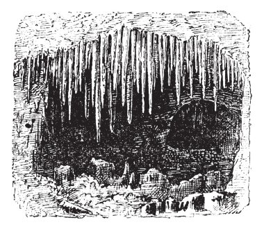 Stalactite in cave, vintage engraving. clipart