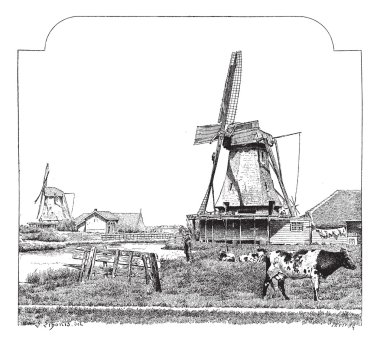 Mills, Zaandam (Holland), vintage engraving. clipart
